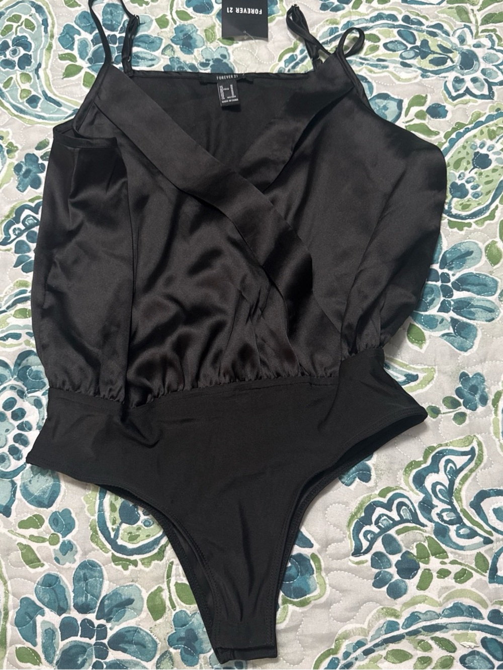 Forever 21 Black Satin Wrap One-Piece Bodysuit